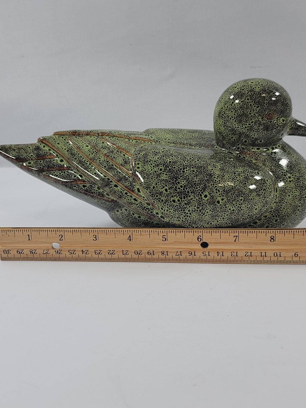 Glazed Ceramic Duck Figurine in Speckled Green - Picture 8 of 9
